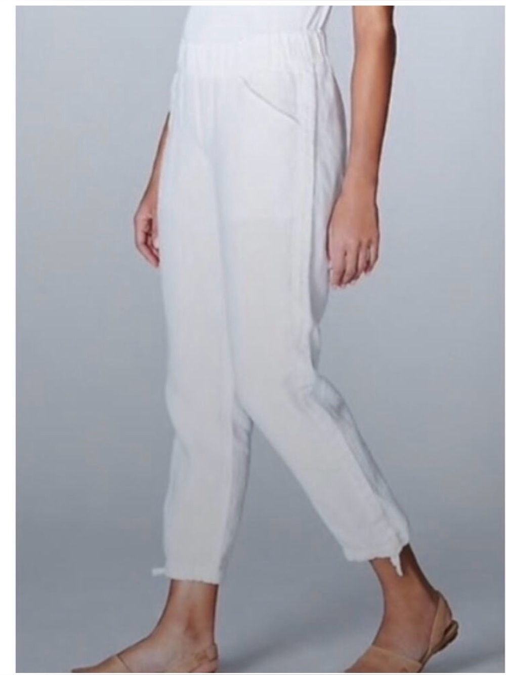 PUREJILL 100% Linen Ankle Tie Joggers Pants Crop Side Taping Detail White Medium